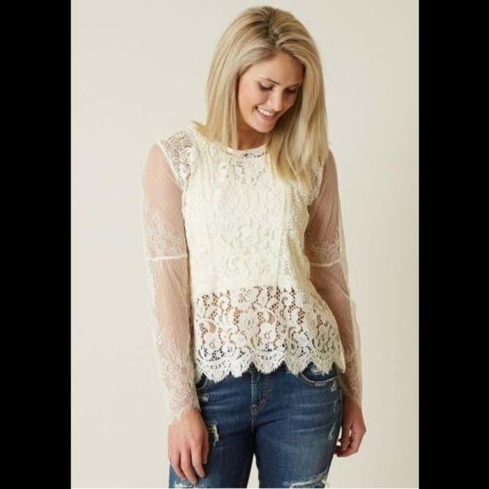 Lucky Brand Lace Top Blouse Birch M